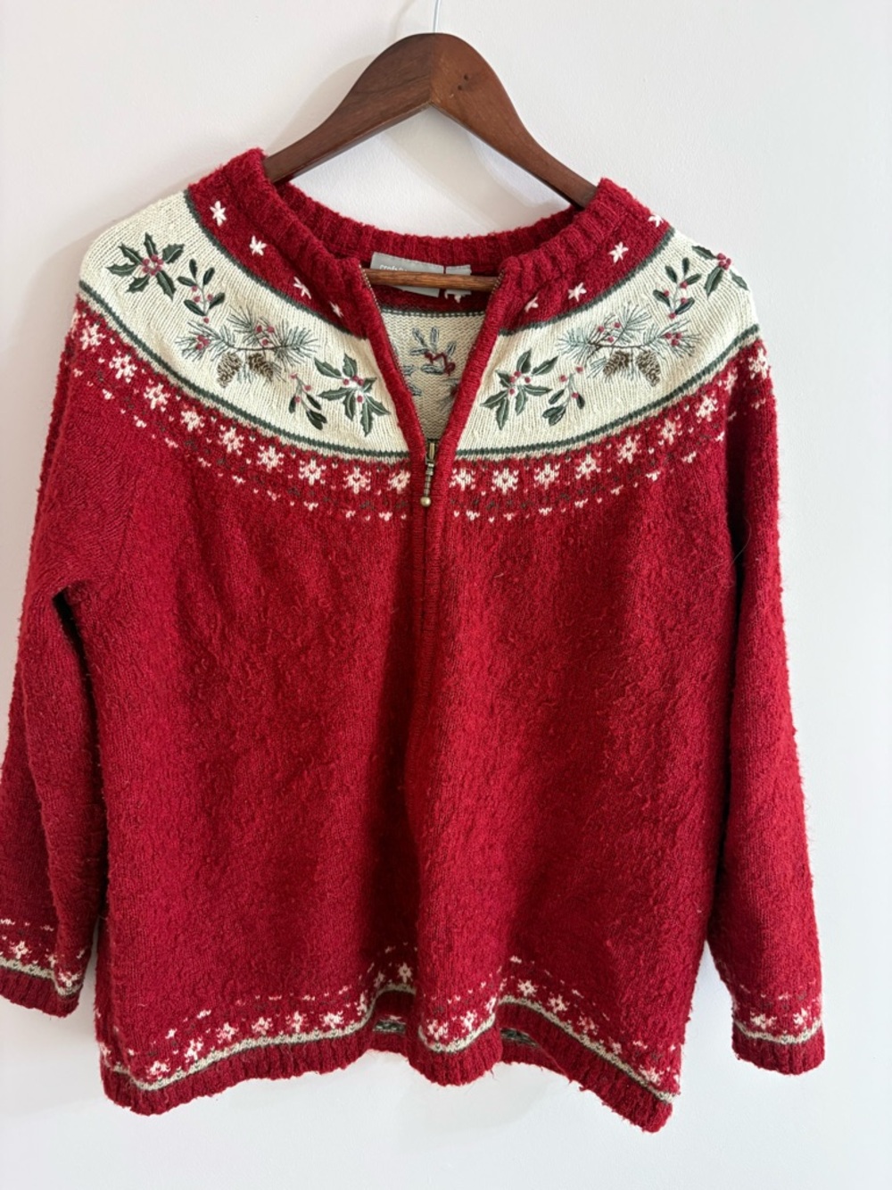 Red Embroidered Holiday Sweater Zipup sweater